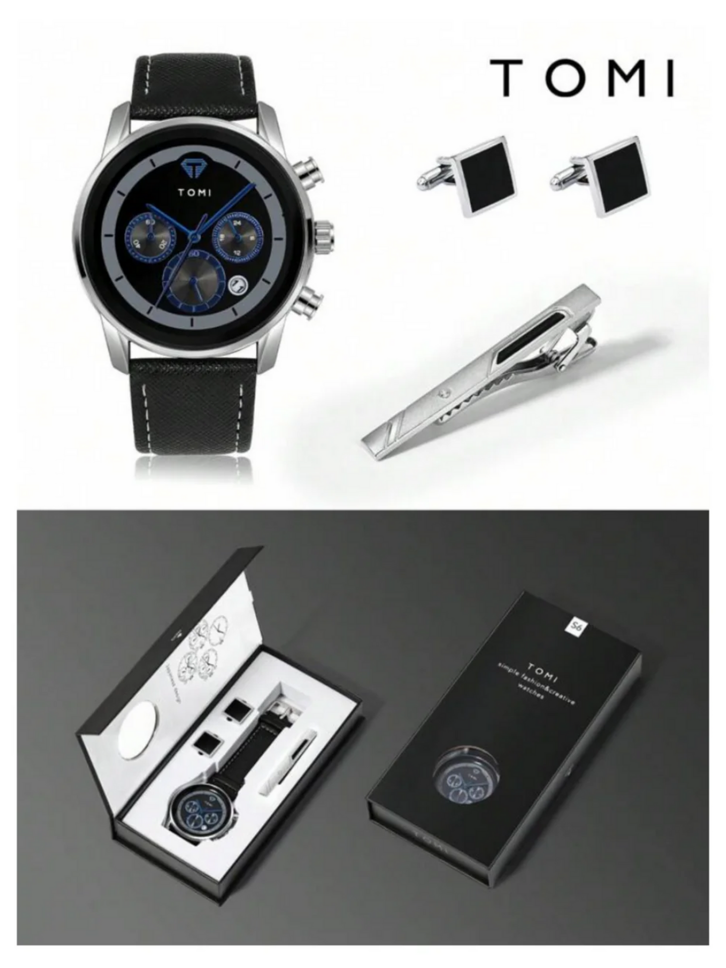 TOMI T-603 S6 Series Luxury Men’s Watch Gift Set with Cufflinks & Tie Pin