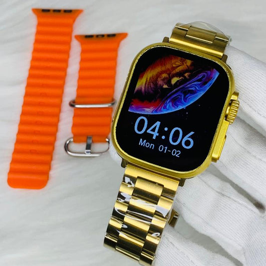 Gold smartwatch with a colorful display on a white background