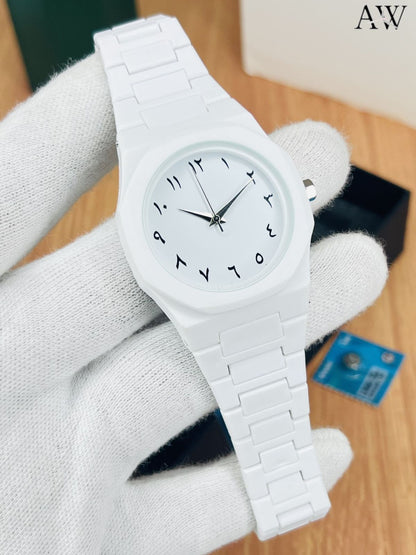 🤍 Aura Watch (Full White) – Fiber Material | Butterfly Lock | Lootlo Offer | Box & Extra Cell Included