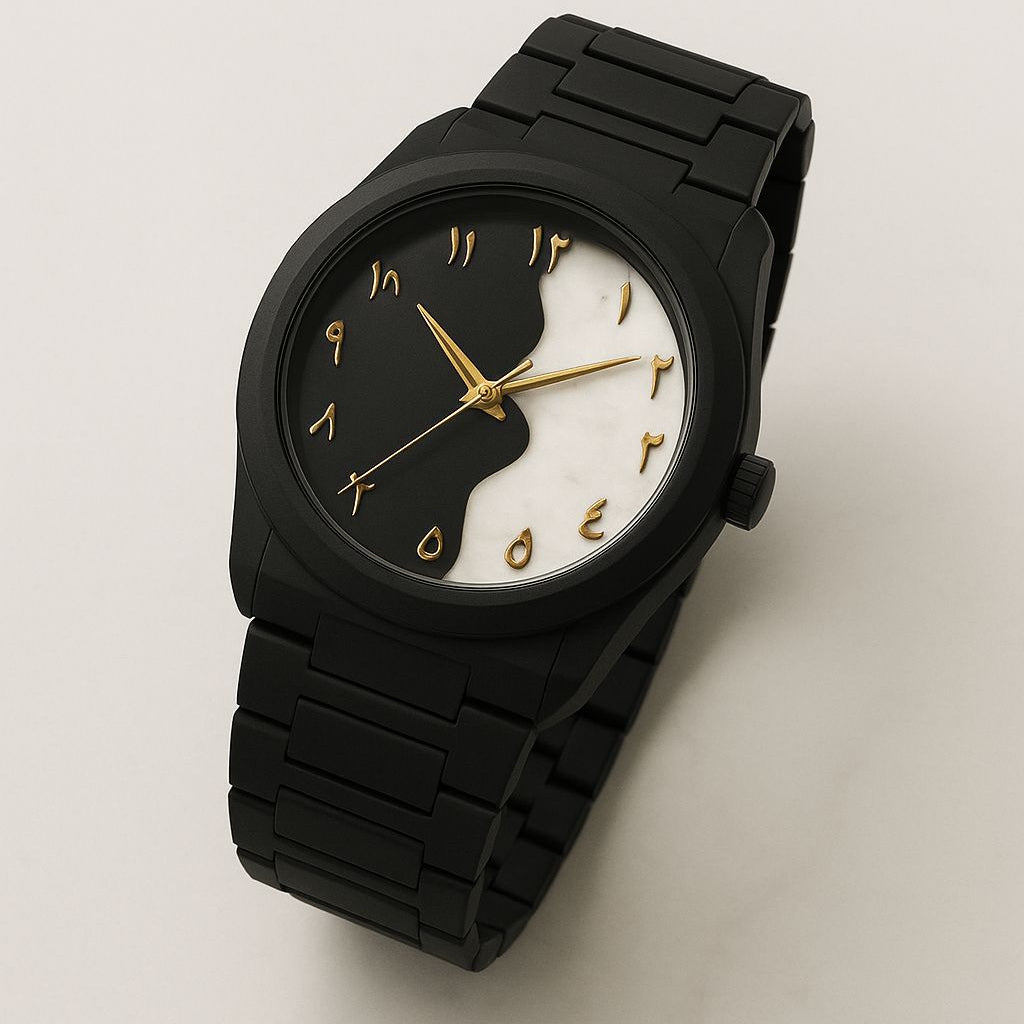 Black watch with white face on a light gray background, featuring 'Luxury That Speaks Arabic' text.