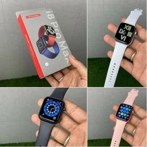 Collage of smartwatches held by a hand with their packaging in the background.